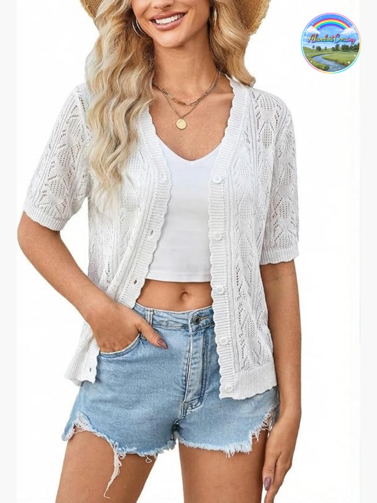 Short Sleeve Crochet Cardigan Cropped Button Shrug Lightweight Summer Sweater